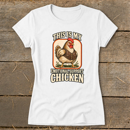 White t-shirt with "This is my Emotional Support Chicken" graphic featuring a chicken in a vest.