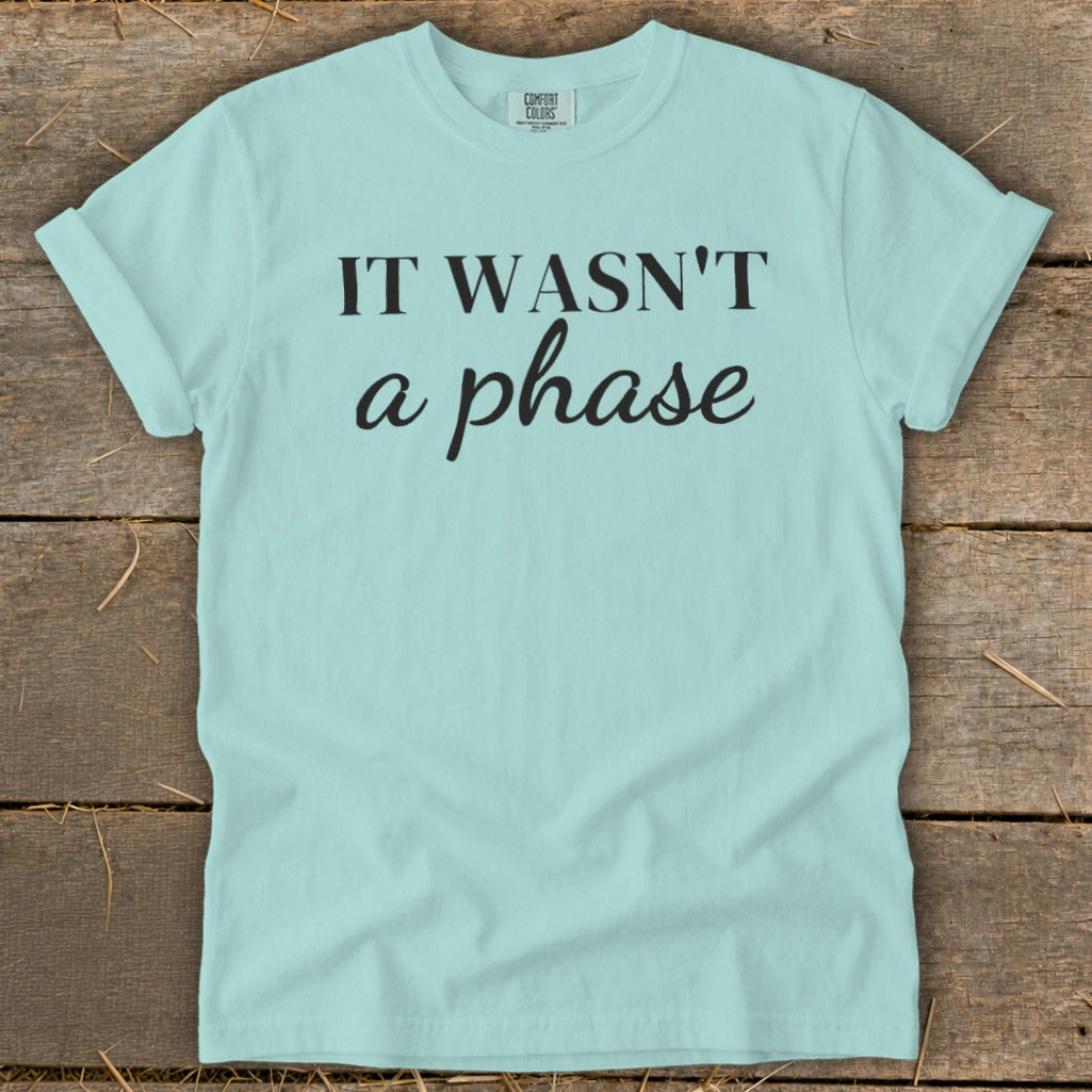Pale blue t-shirt with black text "IT WASN'T a phase"