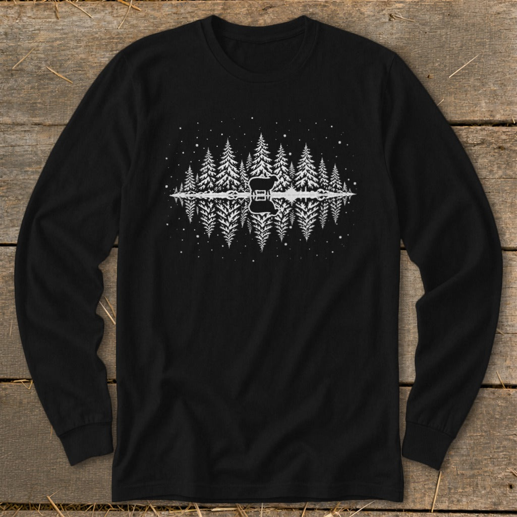 Black long sleeve shirt with a white graphic of pine trees and a guitar reflection.