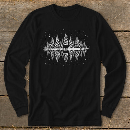 Black long sleeve shirt with a white graphic of pine trees and a guitar reflection.