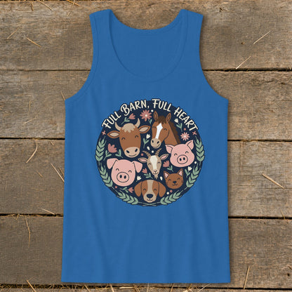 Blue tank top with "Full Barn, Full Heart" text and farm animal illustrations in a circle.