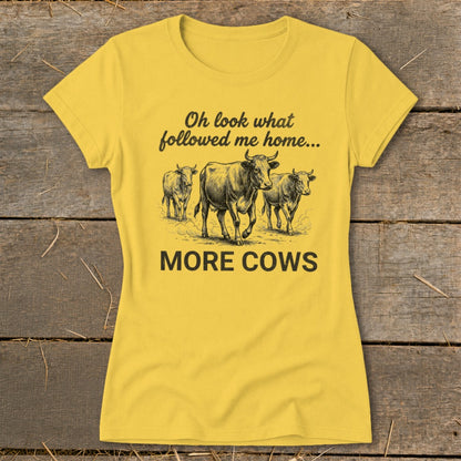 Yellow t-shirt with drawing of three cows and text: "Oh look what followed me home... MORE COWS"