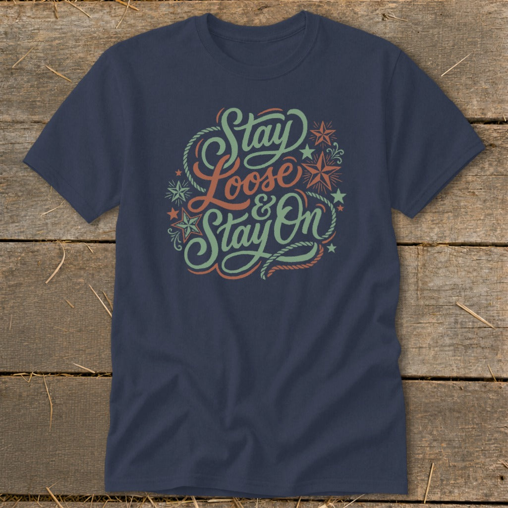 Navy t-shirt with "Stay Loose & Stay On" text and rope details.