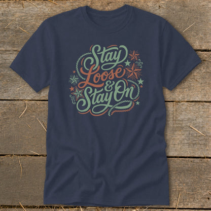 Navy t-shirt with "Stay Loose & Stay On" text and rope details.