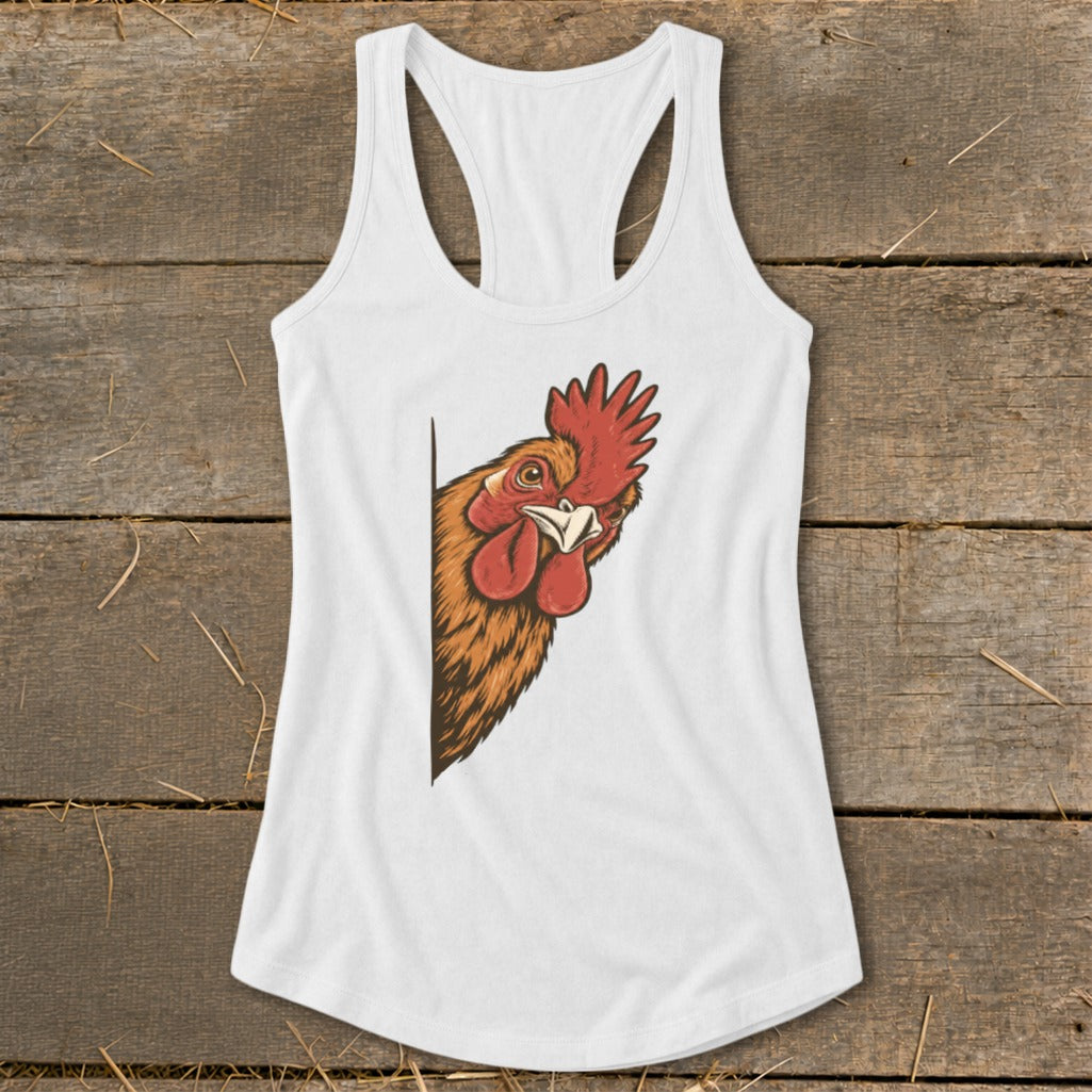 White tank top with a rooster peeking from the left side.