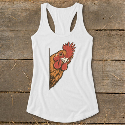 White tank top with a rooster peeking from the left side.
