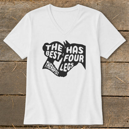 White v-neck t-shirt with black text and horse silhouette: "The has best four therapist legs"