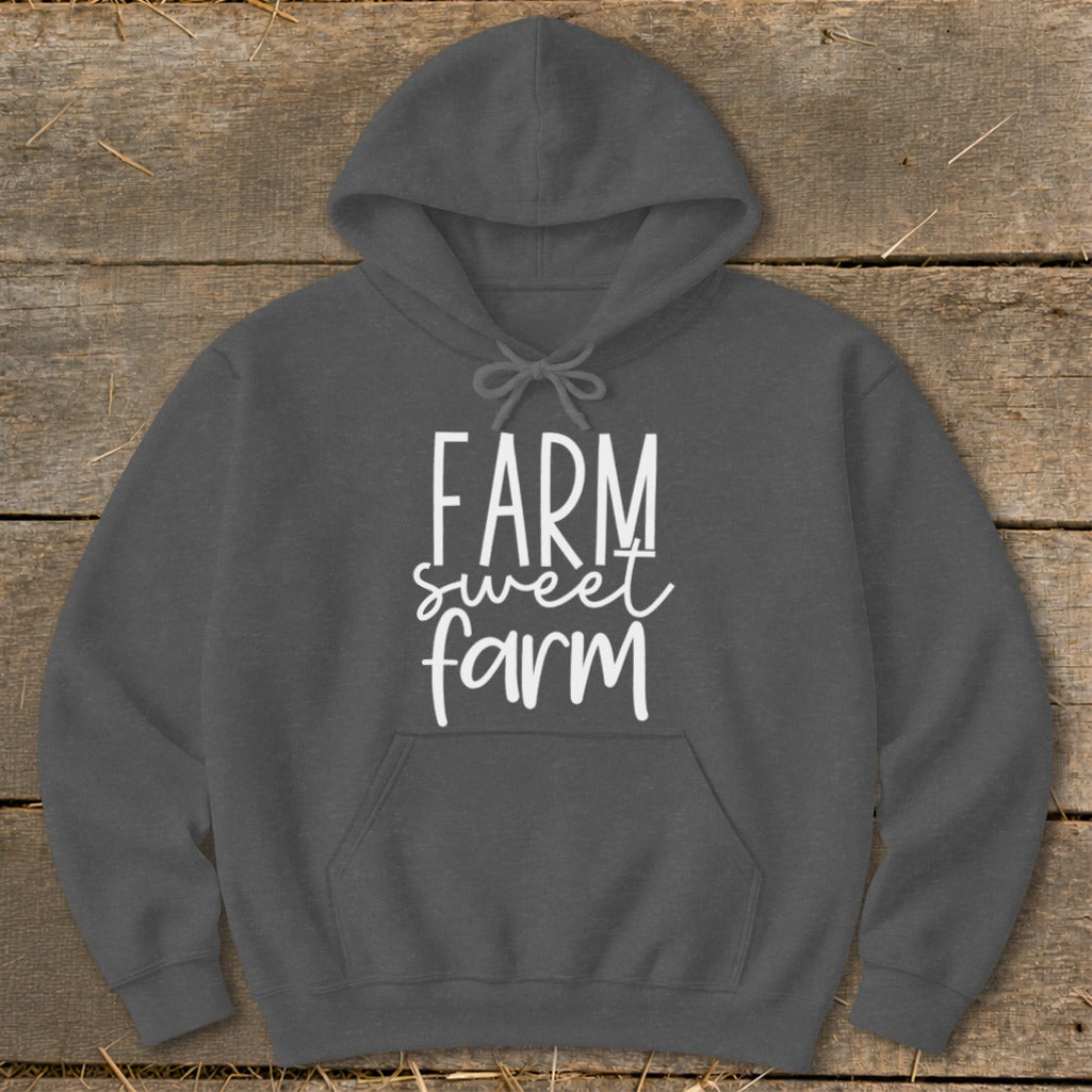 Dark gray hoodie with white "Farm sweet farm" text on chest.