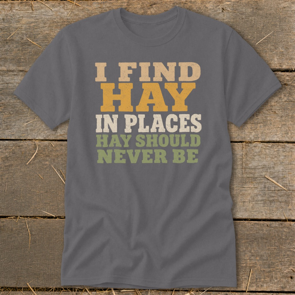 Gray t-shirt with the text "I FIND HAY IN PLACES HAY SHOULD NEVER BE".