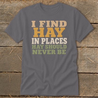 Gray t-shirt with the text "I FIND HAY IN PLACES HAY SHOULD NEVER BE".