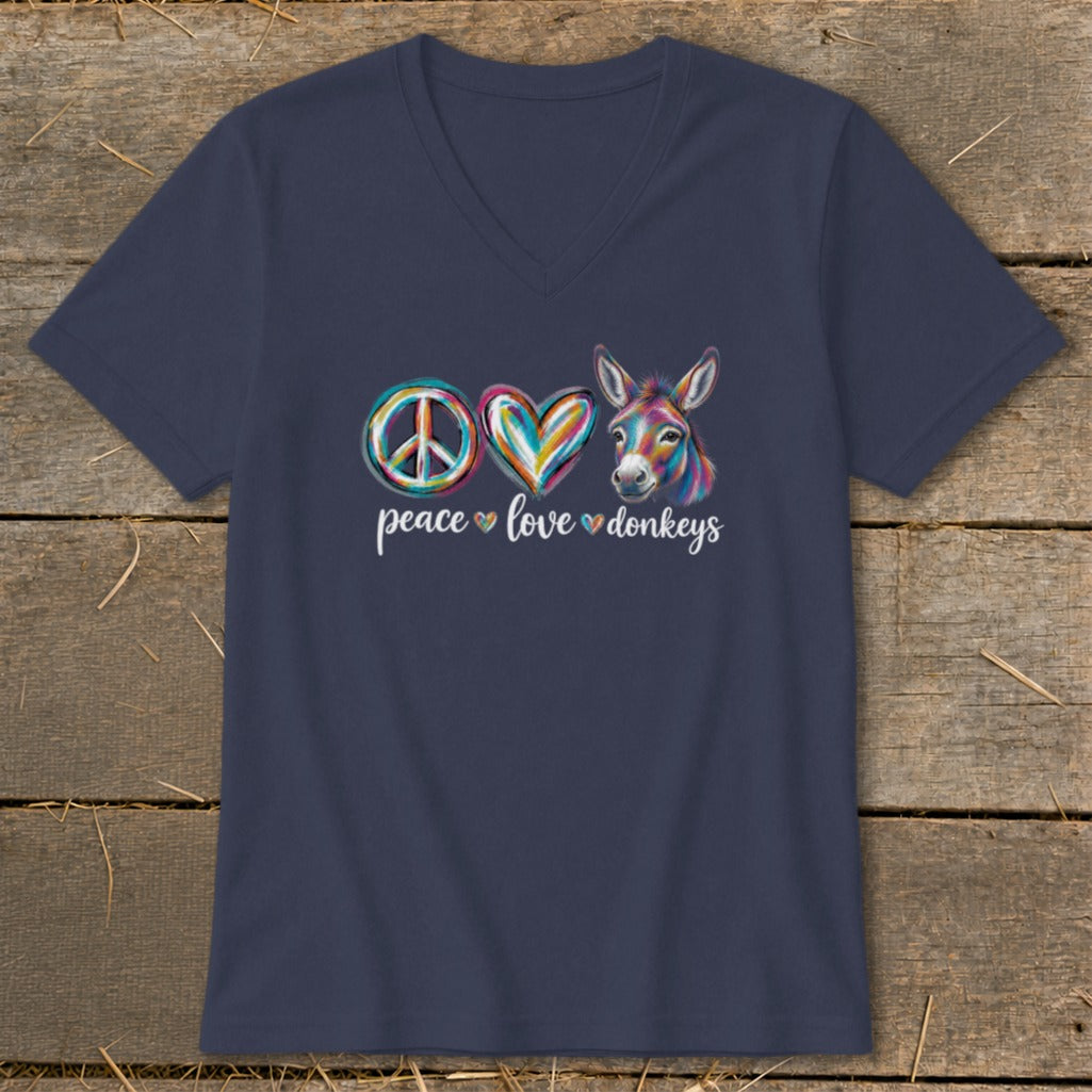 Navy v-neck t-shirt with peace sign, heart, and donkey graphic and text.