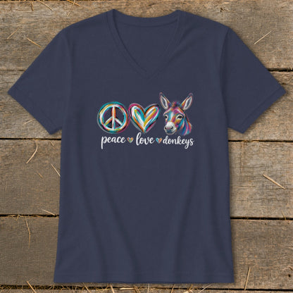 Navy v-neck t-shirt with peace sign, heart, and donkey graphic and text.