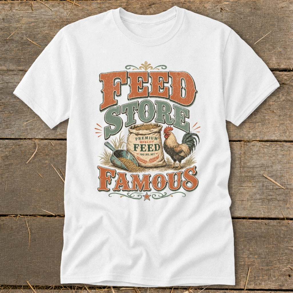 White t-shirt with "Feed Store Famous" text, a bag of feed, rooster, and shovel graphic.
