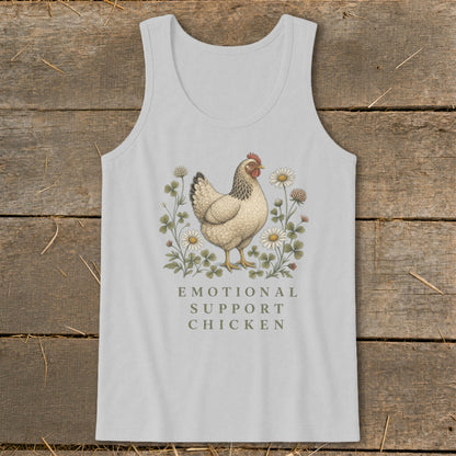 White tank top with a hen illustration surrounded by flowers and text.