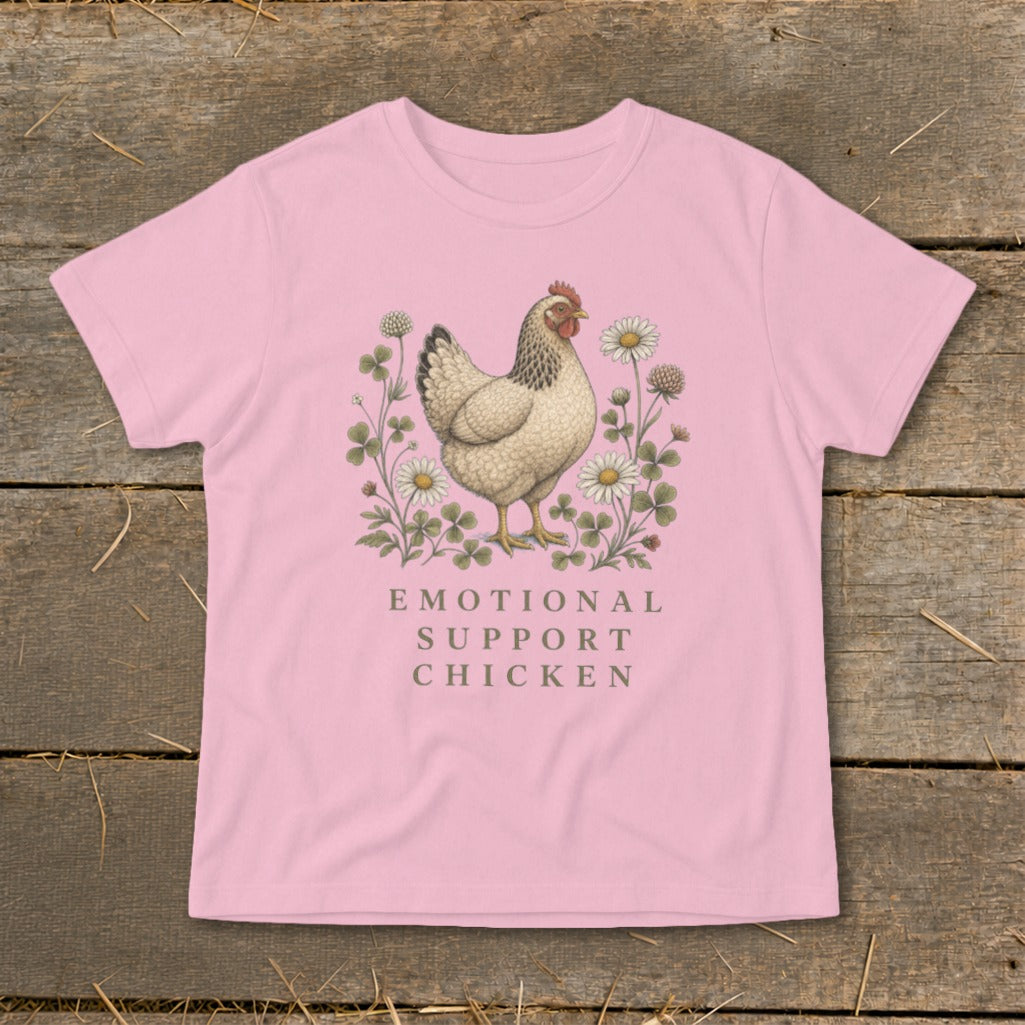 Pink t-shirt with a drawing of a hen and flowers, text reads "EMOTIONAL SUPPORT CHICKEN".