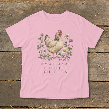 Pink t-shirt with a drawing of a hen and flowers, text reads "EMOTIONAL SUPPORT CHICKEN".