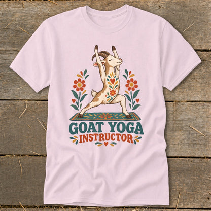 Goat doing yoga pose on a mat with floral decorations and text "GOAT YOGA INSTRUCTOR".
