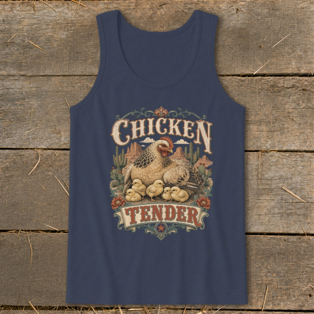 Navy tank top with a hen and chicks graphic and "Chicken Tender" text.