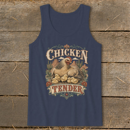 Navy tank top with a hen and chicks graphic and "Chicken Tender" text.
