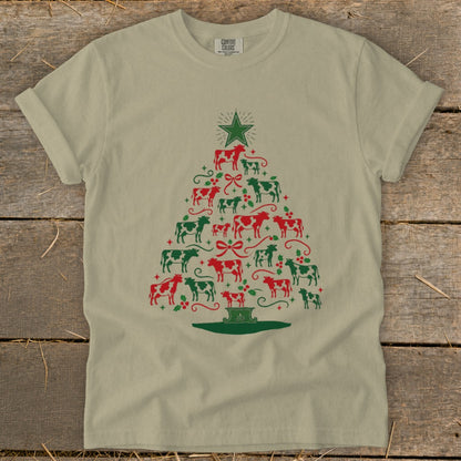 T-shirt with a Christmas tree design made of red and green cows.