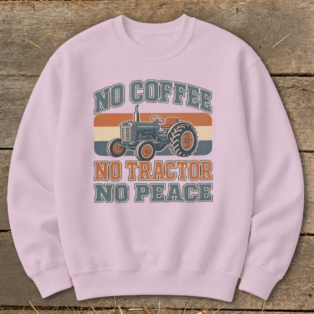 Pink sweatshirt with a vintage tractor graphic and text "No Coffee No Tractor No Peace".