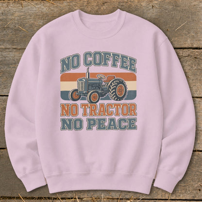 Pink sweatshirt with a vintage tractor graphic and text "No Coffee No Tractor No Peace".