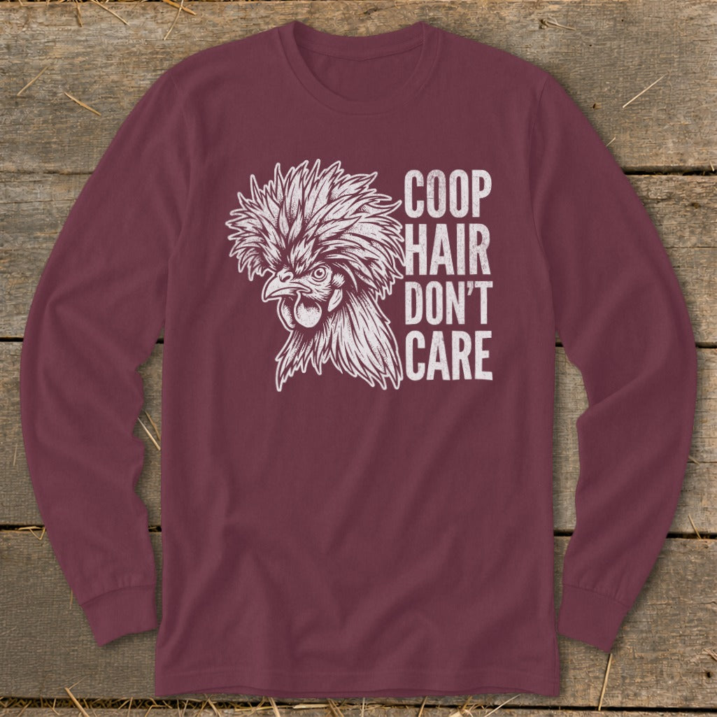 Maroon long sleeve shirt with a distressed chicken graphic and text.