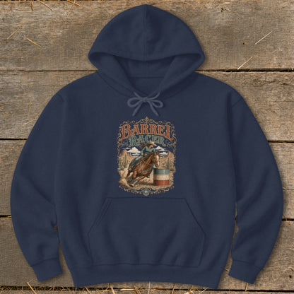 Navy hoodie with "Barrel Racer" text and horse and rider graphic.