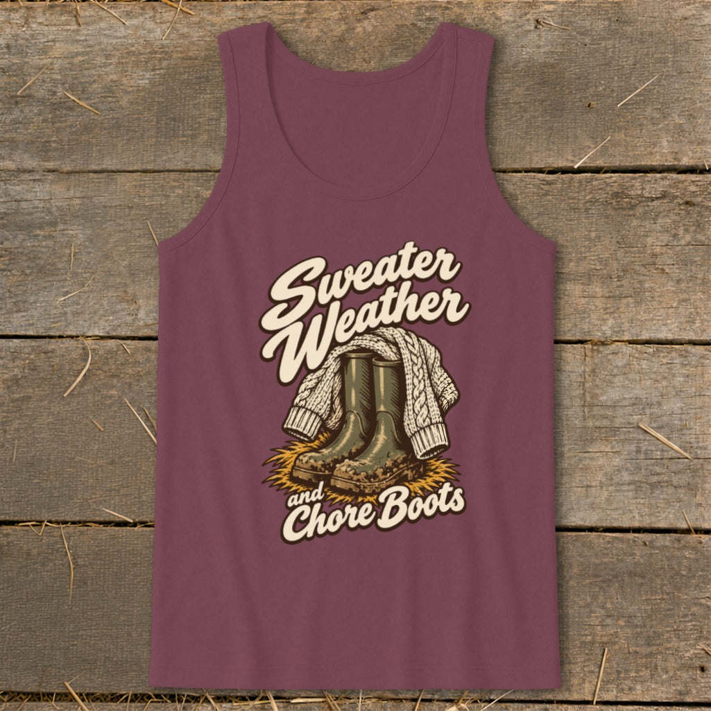 Tank top with "Sweater Weather and Chore Boots" graphic featuring boots and sweater.