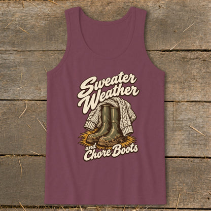 Tank top with "Sweater Weather and Chore Boots" graphic featuring boots and sweater.