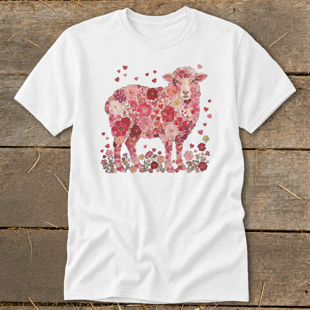 White t-shirt with a sheep made of pink and red flowers and hearts.