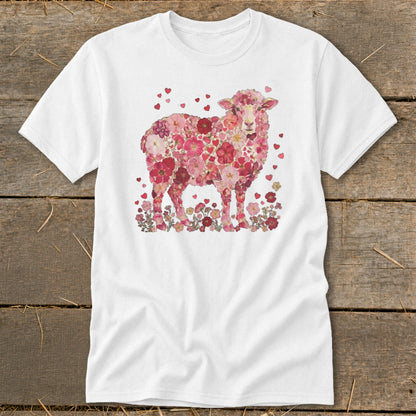 White t-shirt with a sheep made of pink and red flowers and hearts.