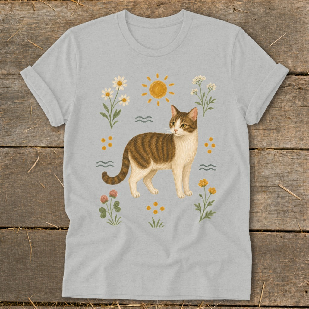 Gray t-shirt with a brown and white tabby cat surrounded by flowers and a sun illustration.
