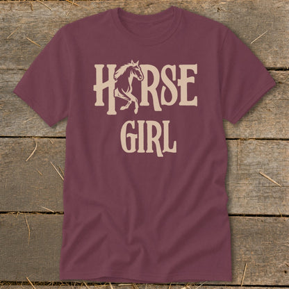 Maroon t-shirt with "HORSE GIRL" text and a horse graphic.