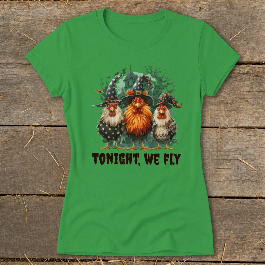 Three chickens in witch hats with "Tonight, We Fly" text.