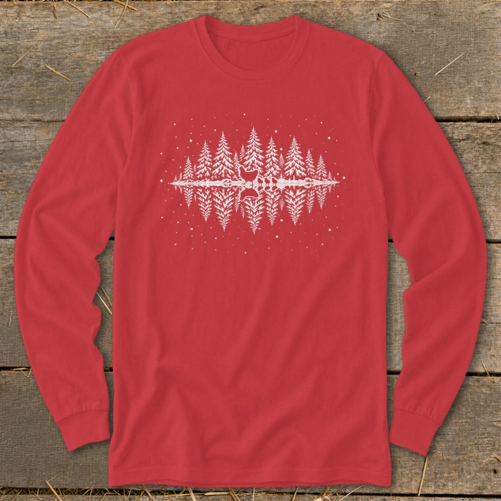 Red long sleeve shirt with a white graphic of pine trees reflected in water.