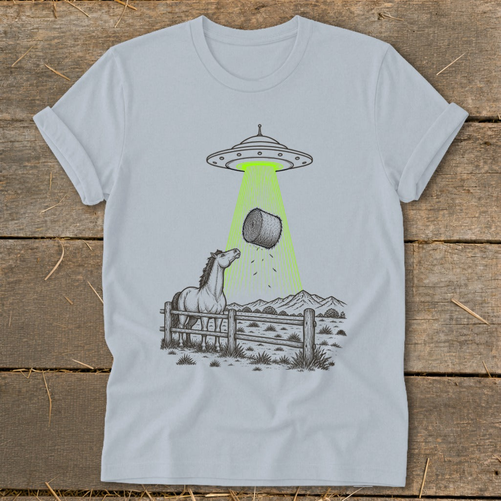UFO abducts hay bale above a horse in a fenced field with mountains.
