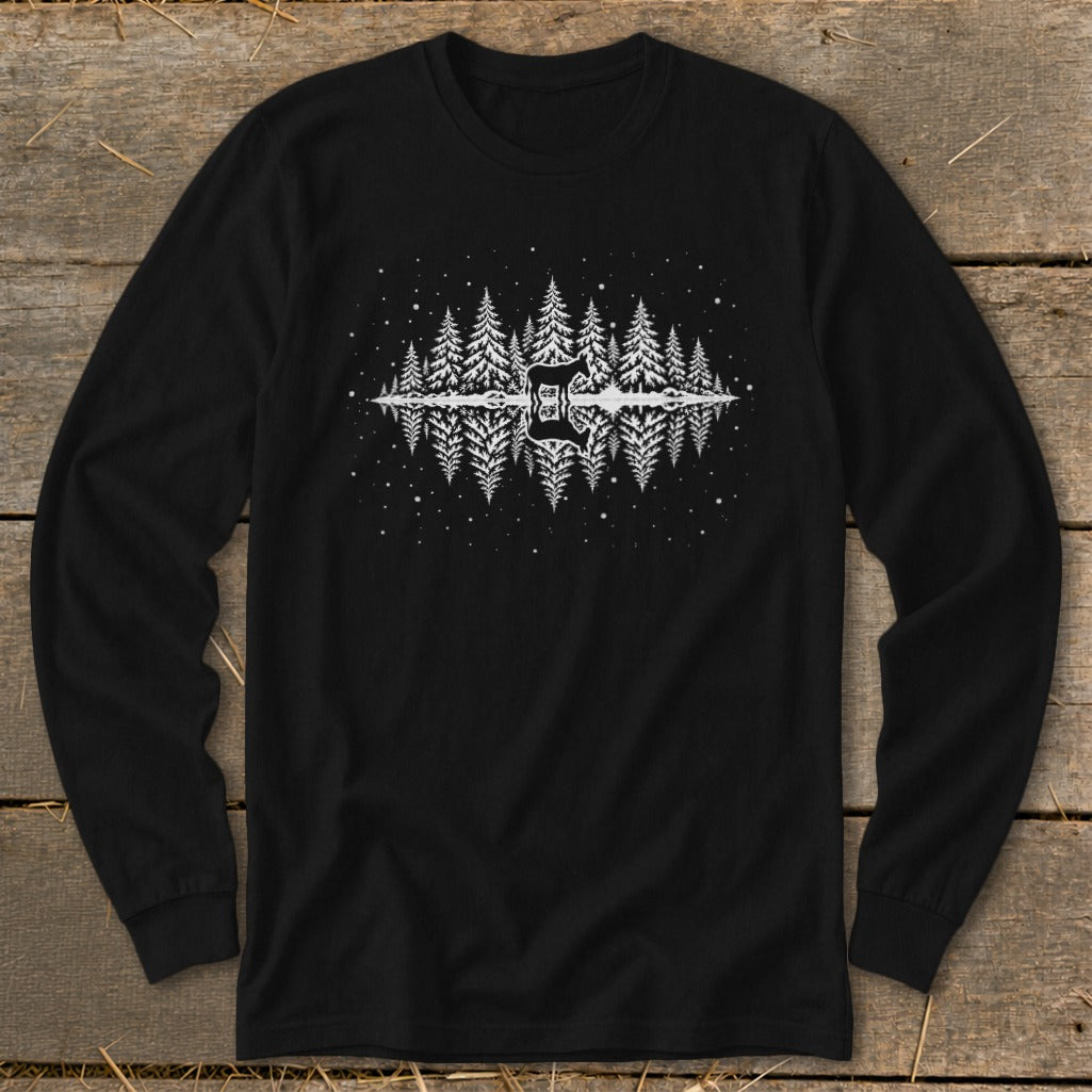 Black long-sleeve shirt with a reflected forest and guitar graphic.