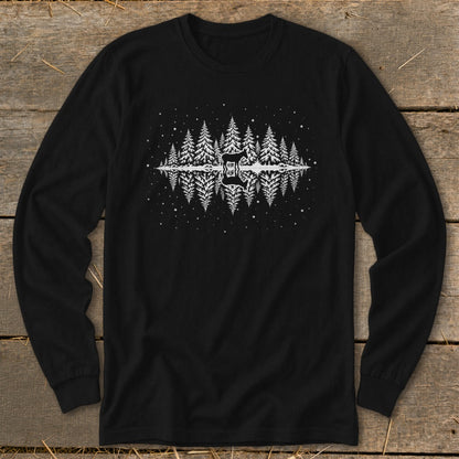 Black long-sleeve shirt with a reflected forest and guitar graphic.