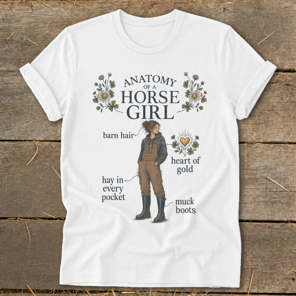 White t-shirt with "Anatomy of a Horse Girl" graphic and labeled features.
