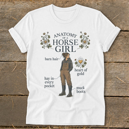 White t-shirt with "Anatomy of a Horse Girl" graphic and labeled features.