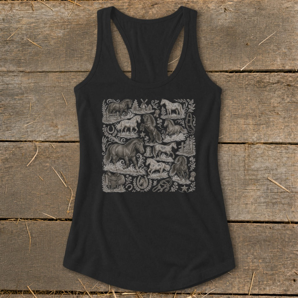 Black tank top featuring a collage of horses and equestrian elements in vintage style.