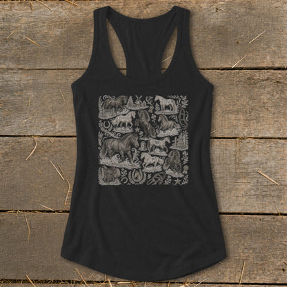 Black tank top featuring a collage of horses and equestrian elements in vintage style.