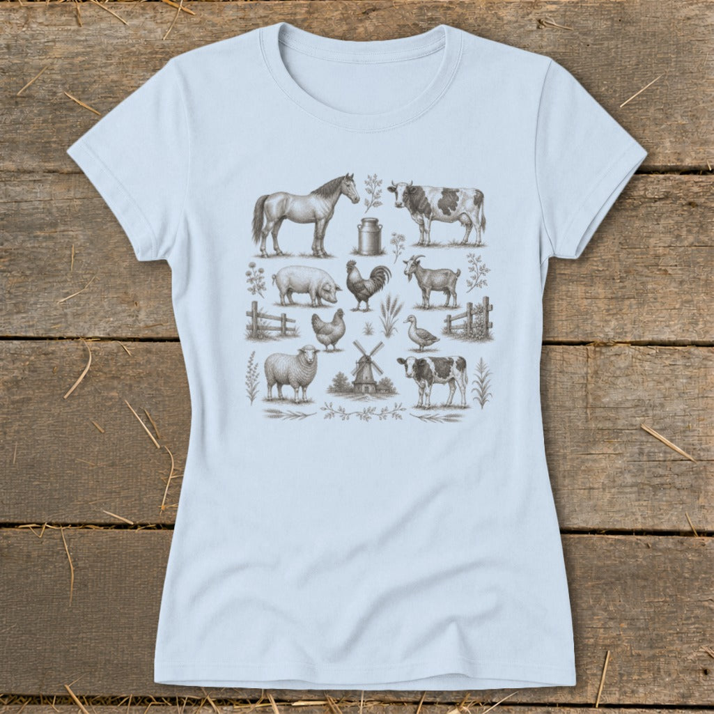 Light blue t-shirt with vintage farm animals illustration including horse, cow, pig, rooster, and sheep.