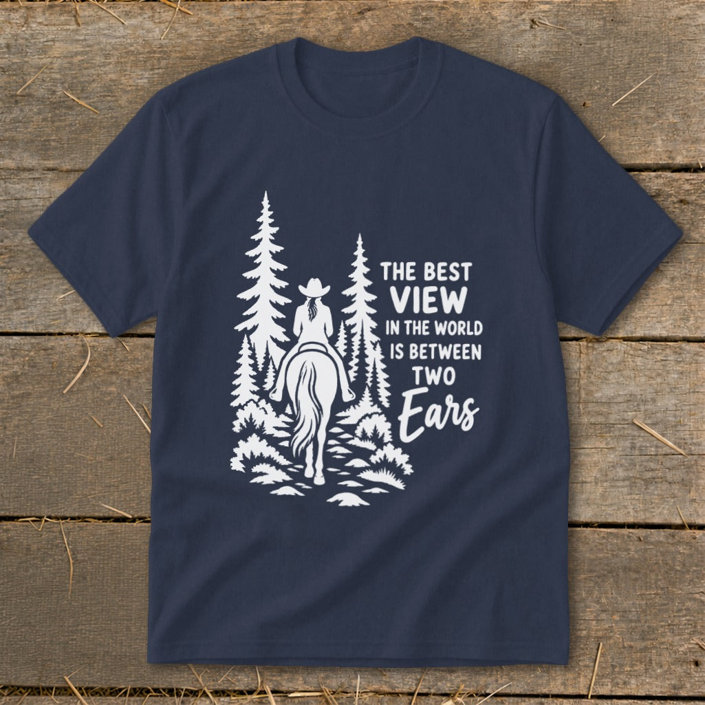 Navy blue t-shirt featuring a white graphic of a horseback rider among trees and text.
