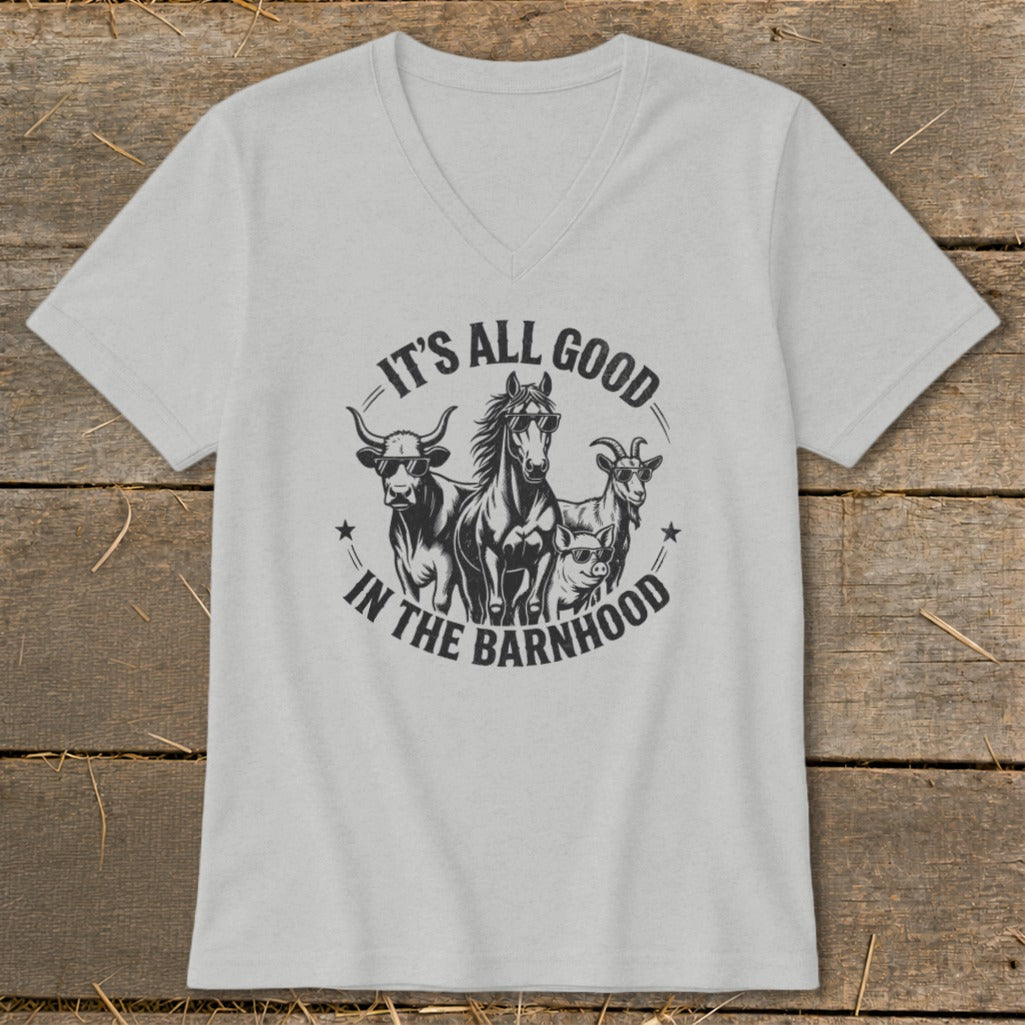 T-shirt with a graphic of a bull, horse, goat, and pig wearing sunglasses, with text "It's All Good In The Barnhood."