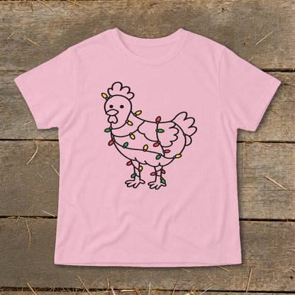 Pink t-shirt with a cartoon chicken wrapped in colorful Christmas lights.