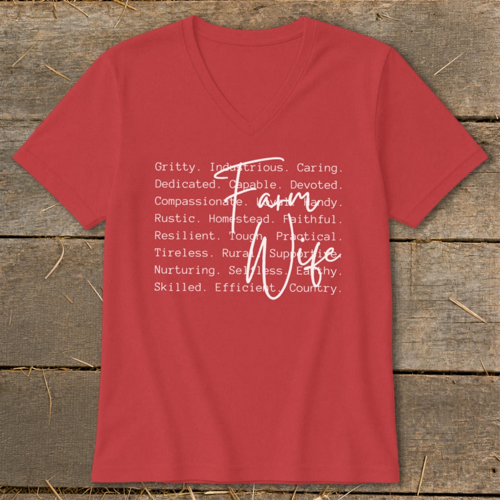 Red v-neck t-shirt with white text listing qualities of a "Farm Wife".
