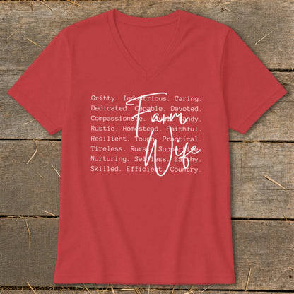 Red v-neck t-shirt with white text listing qualities of a "Farm Wife".