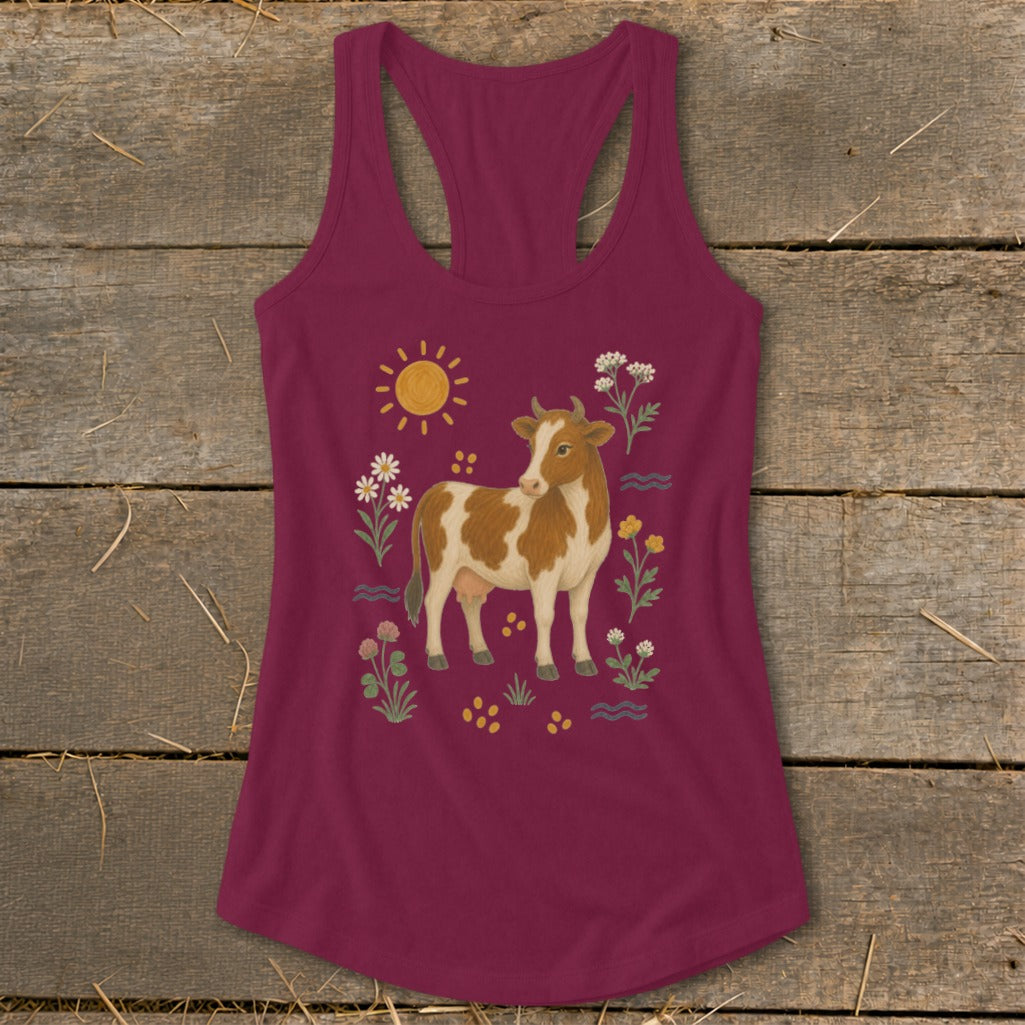 Maroon tank top with a brown and white cow and floral design.